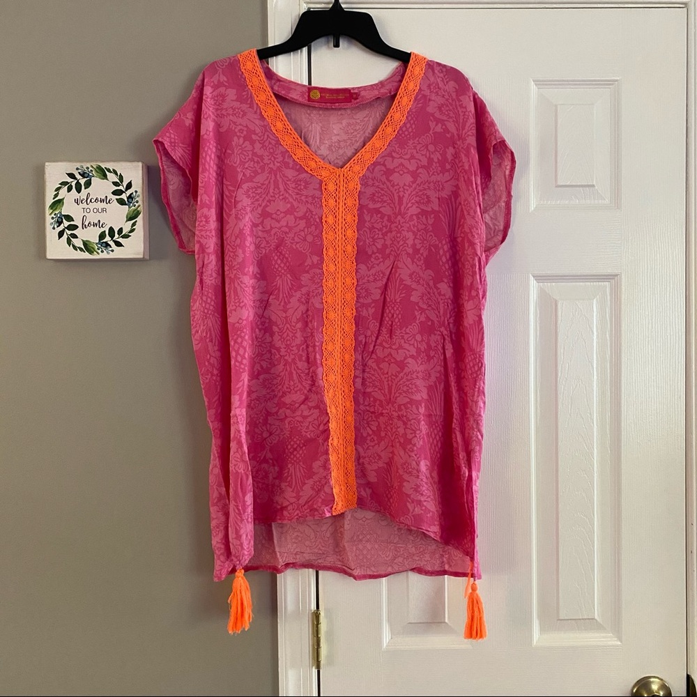 Macbeth Collection Swim Cover Up Pineapple Paisley Pink Neon Orange Lace Medium